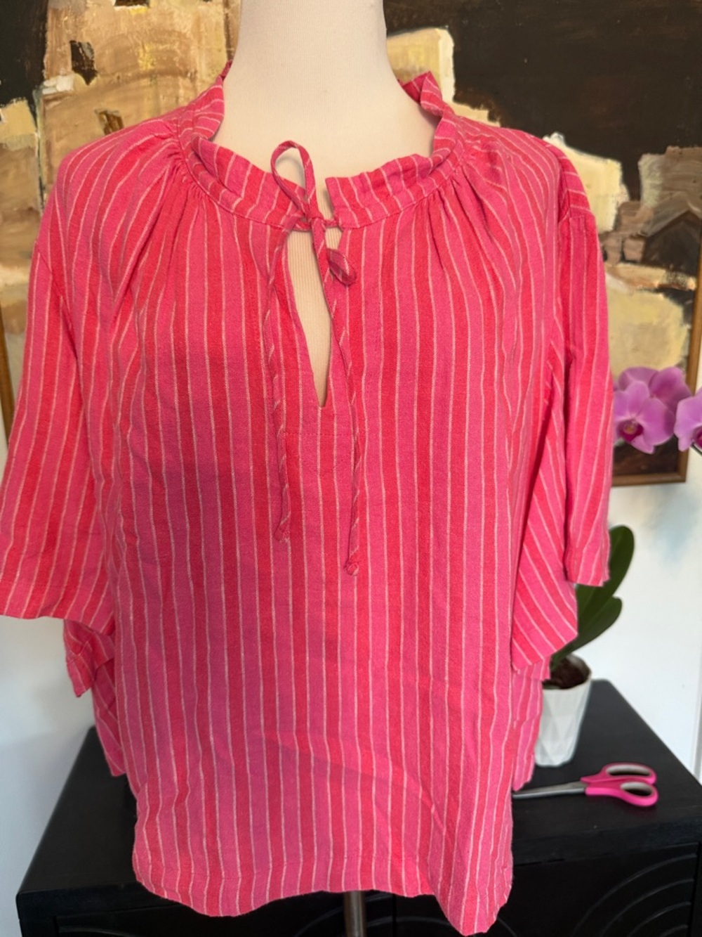 Women’s Pink Striped Tie-Neck Blouse